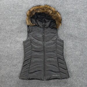 Eddie Bauer Vest Womens XS Black Quilted Down Puffer Fur Hiking Camp Outdoors